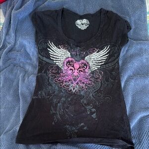 Black Graphic V-Neck Tee with Pink Accents